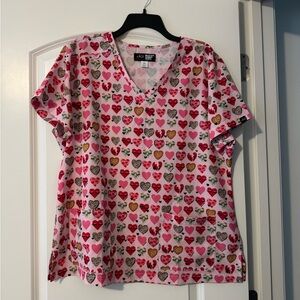 koi Pink Multicolor Heart Print Scrub Top